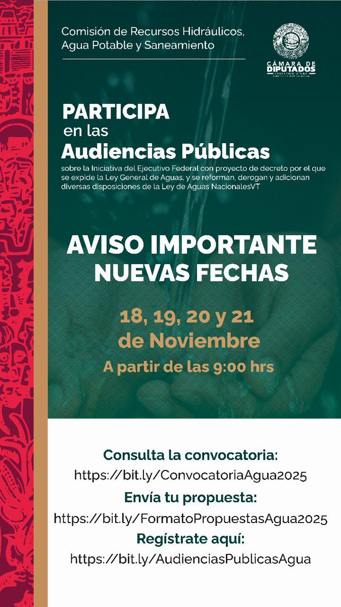 💧 Sé parte de esta discusión histórica.
El futuro del agua en México está en tus manos.
Regístrate y participa en las audiencias públicas 

AMPLIAMOS EL REGISTRO PARA PARTICIPAR EN LAS AUDIENCIAS PÚBLICAS DE AGUA 💧 HASTA EL VIERNES 1️⃣4️⃣ A LAS 10 HRS

📎 Convocatoria: