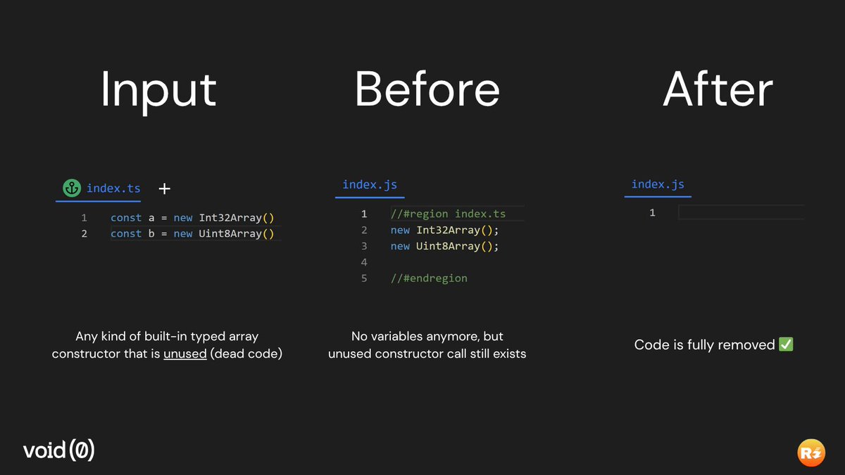 Better Dead Code Elimination in <a href="/rolldown_rs/">Rolldown</a> ✔

All built-in typed array constructors, such as `Uint32Array`, are now marked as pure.
In turn, they are properly removed when they don't have any effect and are "dead code".

Another optimization towards smaller bundles 🎉