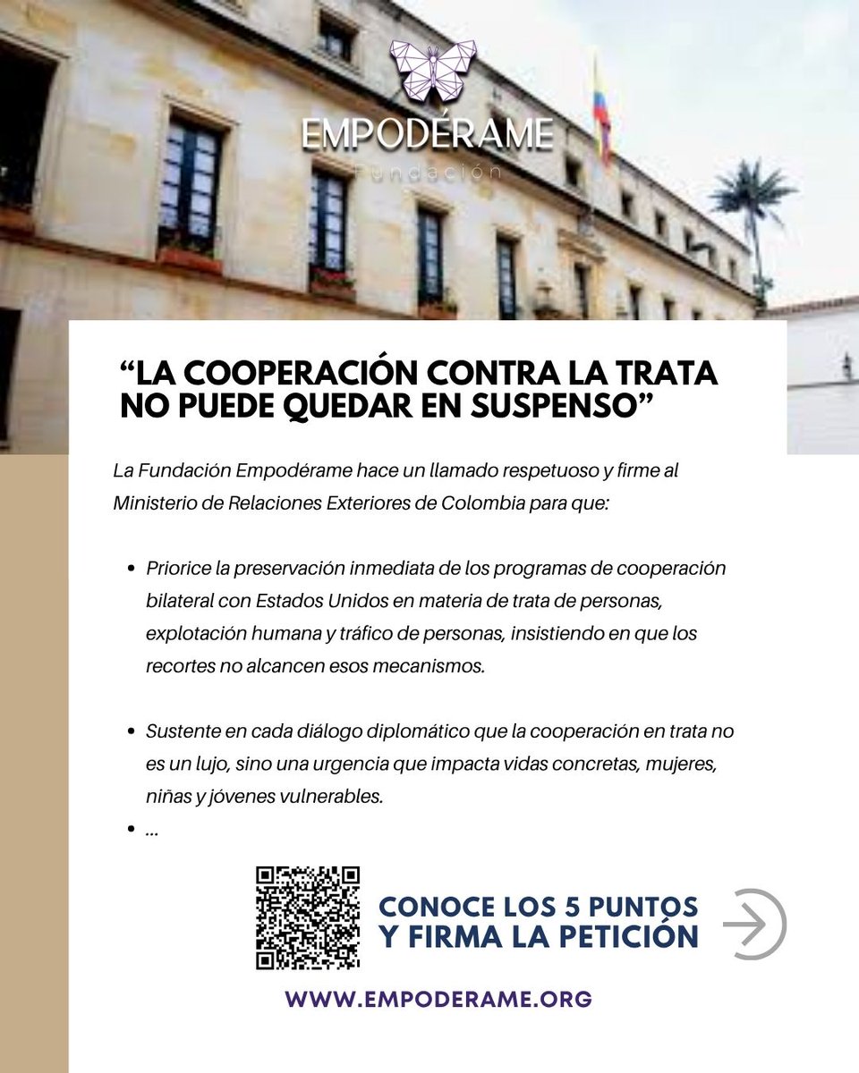 Empoderame_'s tweet image. 🚨La suspensión de la ayuda de 🇺🇸 a 🇨🇴 amenaza la lucha contra la #TrataDePersonas.Sin #Cooperación las redes criminales avanzan y las víctimas quedan sin protección📢La cooperación en trata no es un lujo: es una urgencia humanitaria. Firma la petición wix.to/rbks2iy