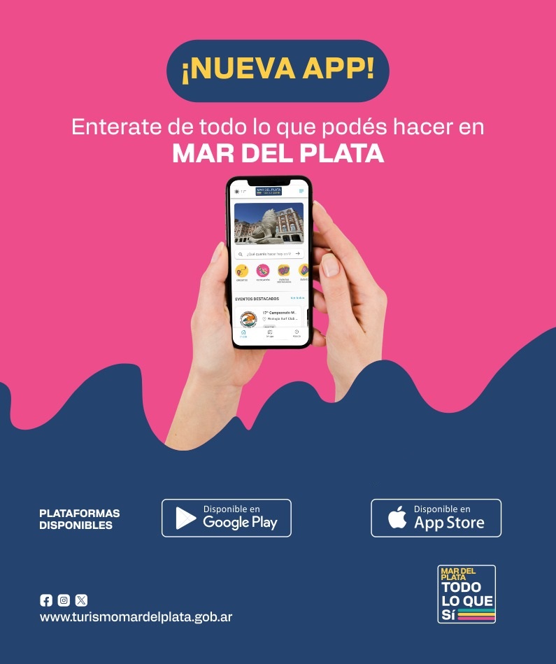 📲🙌 ¡Enterate de todo lo que podés hacer en Mar del Plata!
Con nuestra nueva APP -disponible en Google Play y Play Store- podés conocer cada una de las actividades que tenemos para ofrecerte.
Descargala ahora mismo ingresando en turismomardelplata.gob.ar/app.html