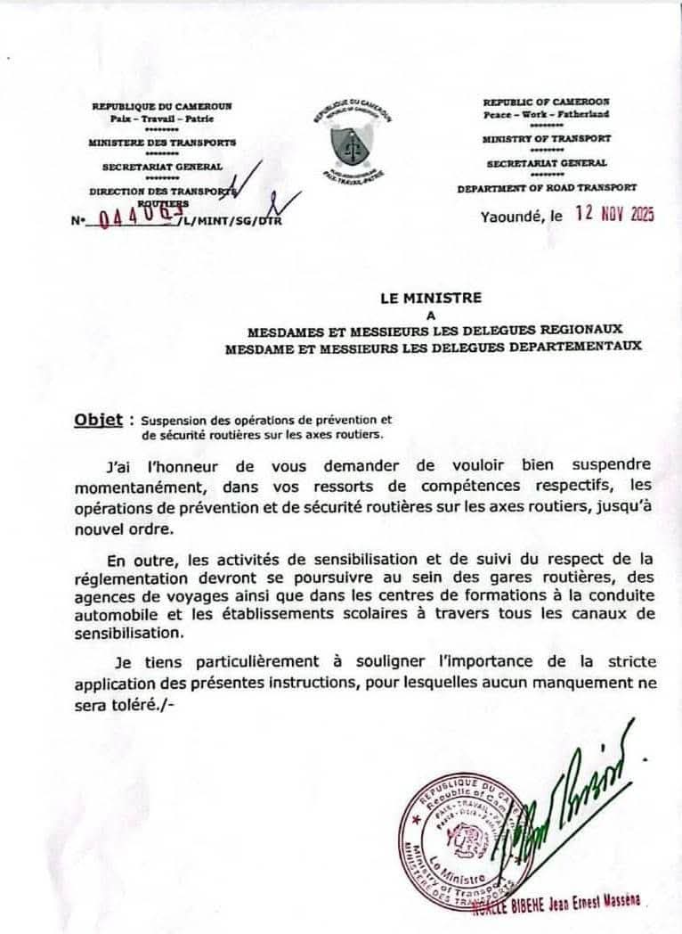 TheCameroonianZ's tweet photo. Suspension des opérations de prévention et de sécurité routière sur les axes routiers.

#Cameroon https://t.co/Wved8sRFft