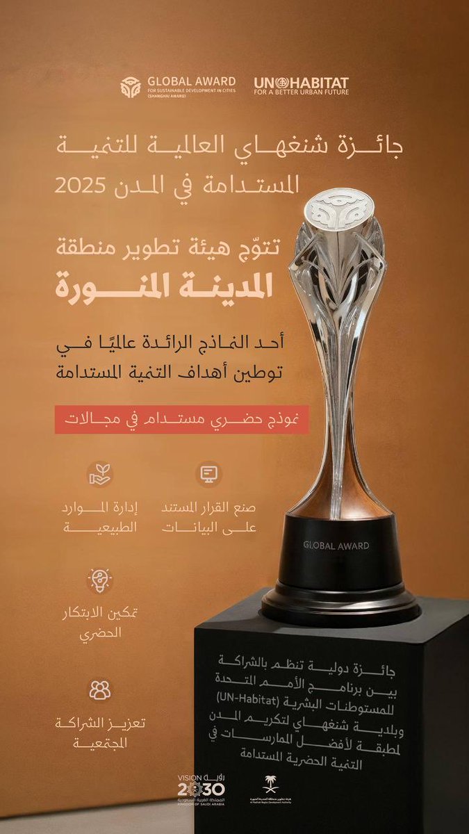 تحقيق #المدينة_المنورة جائزة شنغهاي العالمية للتنمية المستدامة 2025 يؤكد ريادة المملكة في تعزيز التنمية الحضرية المستدامة، ورفع جودة الحياة ضمن مستهدفات #رؤية_السعودية_2030.