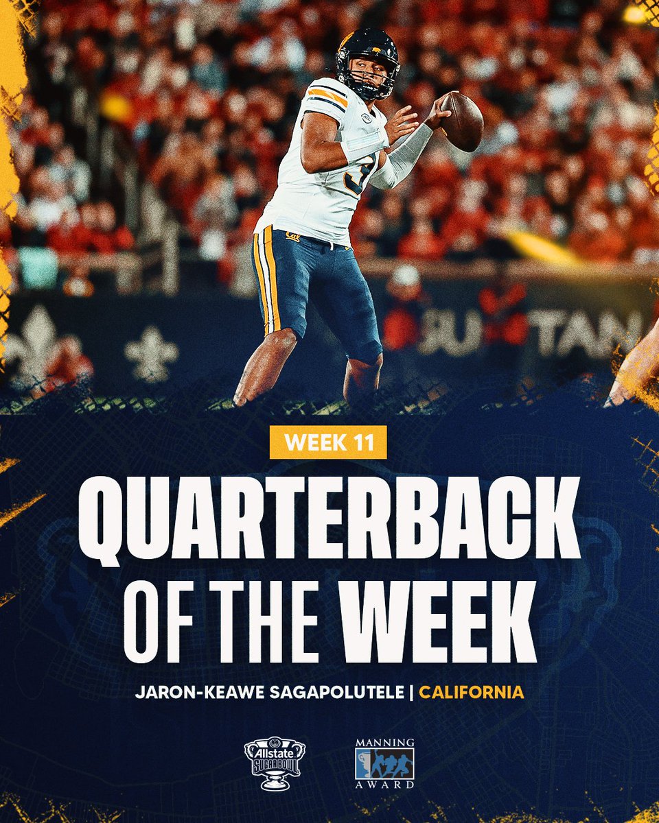 This week’s #ManningAward Quarterback of the Week goes to 🥁

🏅 Jaron-Keawe Sagapolutele, Cal
📊30-47, 323 yards, 2 TDs, QBR: 84.4

Sagapolutele, who recorded career-highs in yards, completions, &amp; attempts, delivered the game-winning TD in overtime to upset No. 15 Louisville!
