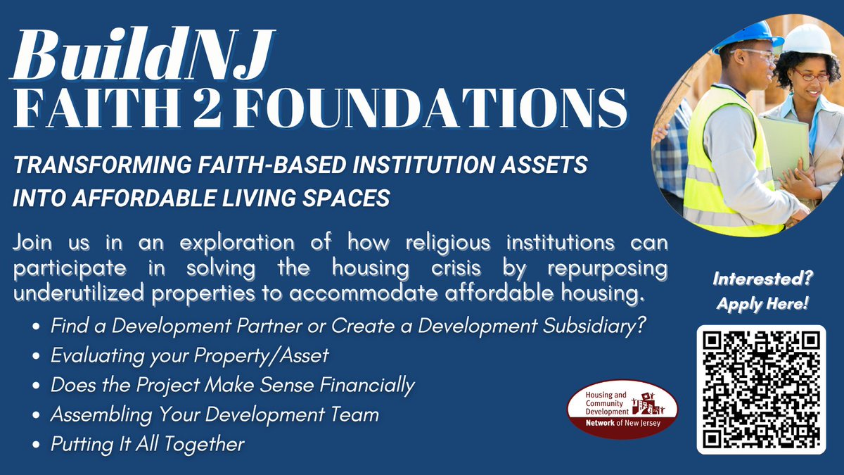Does your organization want to learn how to transform faith-based institution assets into affordable homes? Then this #BuildNJ training program is for you! 

Interested? Apply today at hcdnnj.org/buildnjprogram