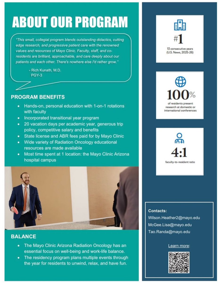 Medical Students - You're Invited!
Mayo Clinic Arizona Radiation Oncology Residency Open House
Monday, Dec 1, 2025 
4:30-7:00 PM
Phoenix Campus Building #3
Concourse Level
maps.app.goo.gl/XiPYR9MJYmhC2S…
Meet our residents and faculty, and enjoy dinner on us!
#MayoClinicAZ #FutureRadOnc
