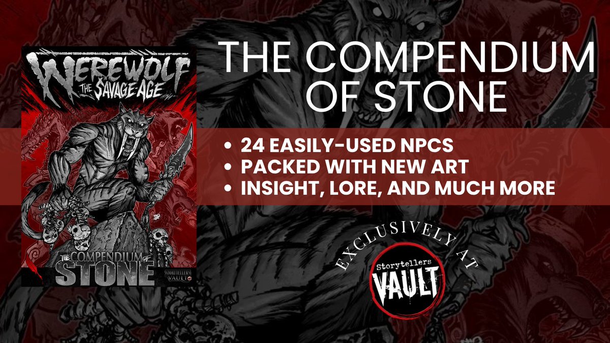 The Compendium of Stone is available now for Werewolf: The Apocalypse 20th Anniversary Edition

Get it here: tinyurl.com/2kzcubnf

Populate the Savage Age with twenty four fully detailed NPCs!
#ttrpg <a href="/worldofdarkness/">World of Darkness</a>