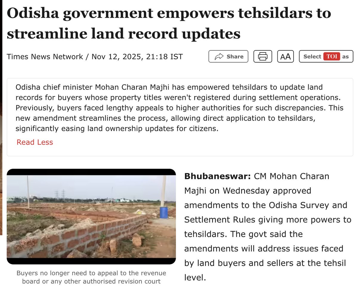 AskLipun's tweet image. Big relief for land buyers in Odisha! 

CM Majhi’s govt has empowered Tehsildars to directly correct &amp;amp; update legally purchased land records  ending years of delay &amp;amp; red tape under the Board of Revenue.
Local resolution, faster justice. (1/3)
#Odisha #LandReforms #Tehsildar