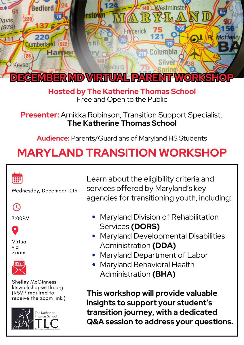 TLC_Rockville's tweet image. 🎓 Join our free Transition Workshops this December!

📅 Dec 10 (MD) – Learn about DORS, DDA, &amp;amp; more with Arnikka Robinson, KTS.
📅 Dec 16 (VA) – Future planning tips from Diane Monnig, The Arc of NoVA.

💌 RSVP: ktsworkshops@ttlc.org

#KatherineThomasSchool #TransitionPlanning