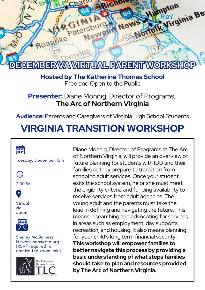 TLC_Rockville's tweet image. 🎓 Join our free Transition Workshops this December!

📅 Dec 10 (MD) – Learn about DORS, DDA, &amp;amp; more with Arnikka Robinson, KTS.
📅 Dec 16 (VA) – Future planning tips from Diane Monnig, The Arc of NoVA.

💌 RSVP: ktsworkshops@ttlc.org

#KatherineThomasSchool #TransitionPlanning