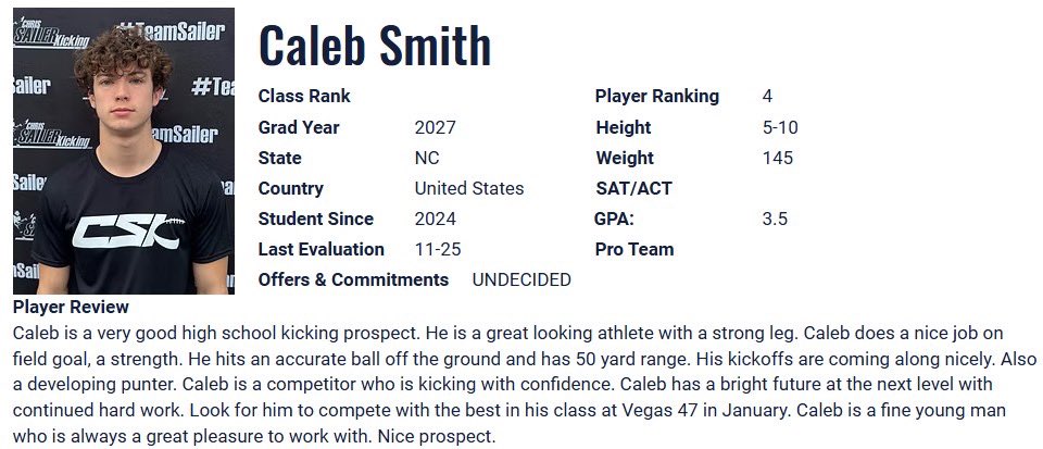 Thank you <a href="/Chris_Sailer/">Chris Sailer Kicking</a> for the write up and the new 4⭐️ ranking. Looking  forward to the next camp. <a href="/CUCoachEdwards/">Cody Edwards</a> <a href="/Coach_DWhitney/">DeAirus Whitney</a> <a href="/Coach_Gleason15/">Jake Gleason</a> <a href="/HawkMgmt/">Coach Chris Hawk</a>  <a href="/pepman704/">Matt Morrow</a> <a href="/CoachDanZeidman/">Coach Daniel Zeidman</a> <a href="/EGWarriorFB/">East Gaston Football Recruiting</a> <a href="/Coach_Medici/">Nate Medici</a> <a href="/CSKRECRUITING/">Chris Sailer Kicking Consulting</a> <a href="/prepsrecruit/">Preps Recruiting</a> <a href="/PRCoachBrim/">Coach Tyler Brimhall</a> <a href="/PrepRedzone/">Prep Redzone 🏈</a>