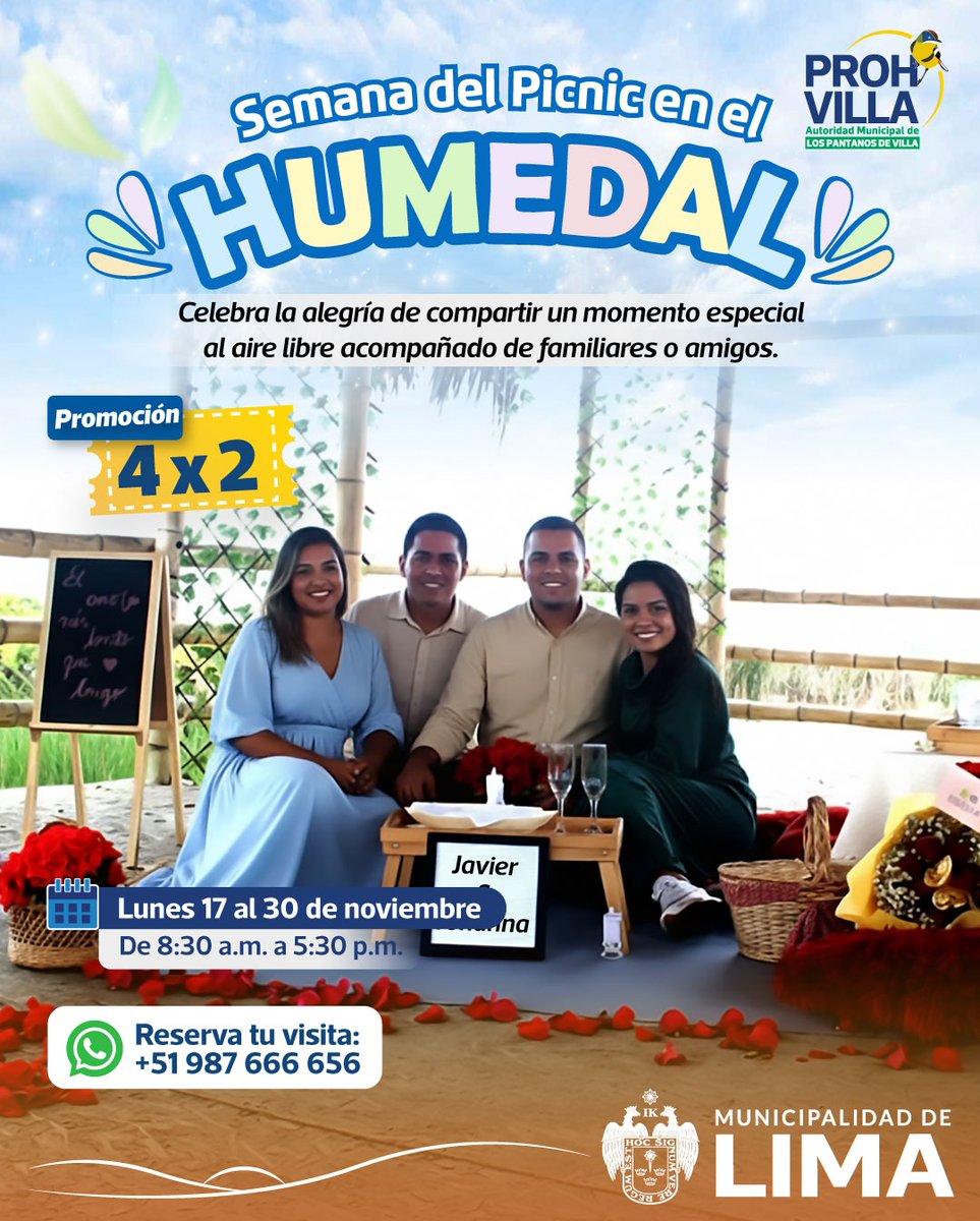 Todo noviembre, disfruta de la naturaleza con una promoción especial

Ahora 4 personas podrán vivir la experiencia completa del picnic en el humedal, con todos los beneficios del paquete original. 🌾☀️

#SemanaDelPicnic #TurismoSostenible #Naturaleza #PROHVILLA