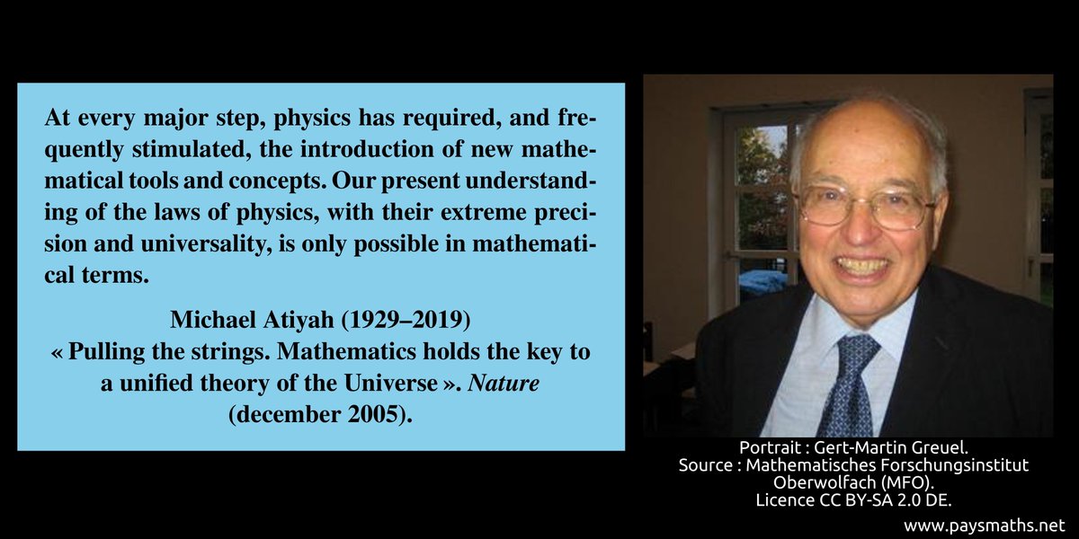 "At every major step, physics has required, and frequently stimulated, the introduction of new mathematical tools and concepts. Our present understanding of the laws of physics, with their extreme precision [...]" – Michael Atiyah (1929–2019)
#quote #mathematics #maths #math