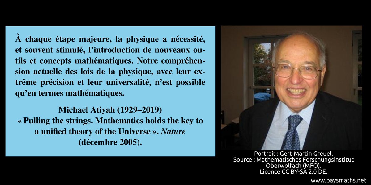"À chaque étape majeure, la physique a nécessité, et souvent stimulé, l'introduction de nouveaux outils et concepts mathématiques. Notre compréhension actuelle des lois de la physique, avec leur extrême précision [...] – Michael Atiyah (1929–2019)
#citation #mathématiques #maths