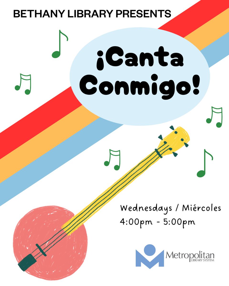 MetroLibraryOK's tweet image. Discover the joy of two languages at the Bethany Library!
¡Canta Conmigo! brings families together for English &amp;amp; Spanish tales, songs, and fun every Wednesday at 4 p.m.

Explore the full schedule: ow.ly/mEsf50Xqtl3