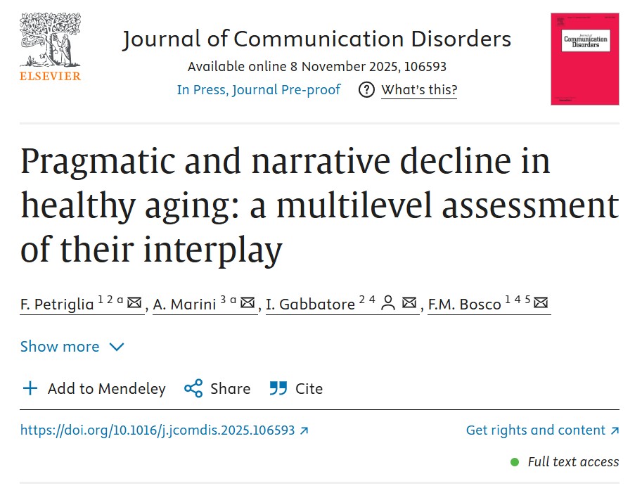 GipsiGroup's tweet image. 📷 NEW PAPER OUT!
How do narrative structure and pragmatic ability interact in older adults?
Our new study funded by @mur_gov_ examines how coherence and informativeness in narrative production relate to pragmatic efficiency.
#PRIN2022 #ACTIVELY #pragmatics #NextGenerationEU