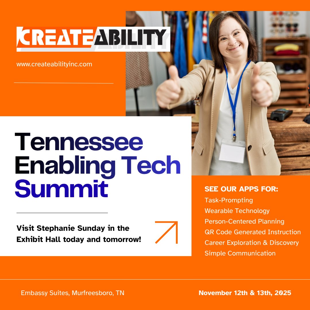 createability's tweet image. 🎉 We’re live at the Tennessee Enabling Tech Summit 2026!  

📍Come visit CreateAbility in the exhibit hall TODAY and TOMORROW!  

Let’s connect, explore, and celebrate innovation together!

#TechForGood #CreateAbility #EnablingTechSummit #EnablingTechnology #TNETSUMMIT2025