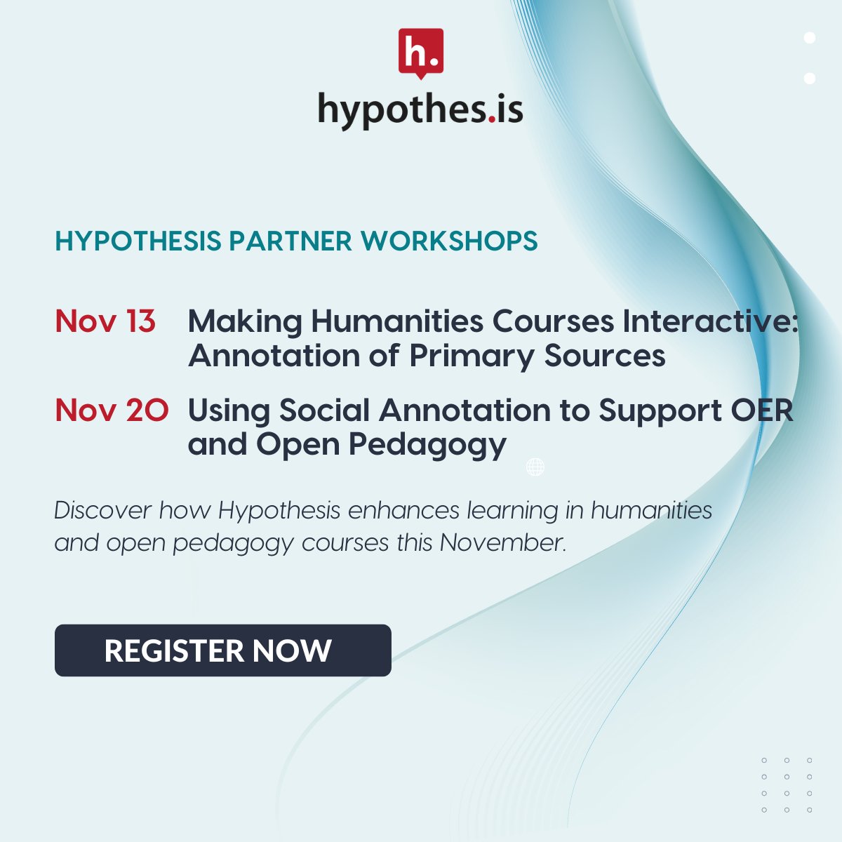 hypothes_is's tweet image. Transform learning this November with our Partner Workshops:

-Making Humanities Courses Interactive – Nov 13
-Social Annotation + OER &amp;amp; Open Pedagogy – Nov 20
--3:30 PM ET

See how Hypothesis helps students engage, collaborate, and think critically

#HigherEd #SocialAnnotation