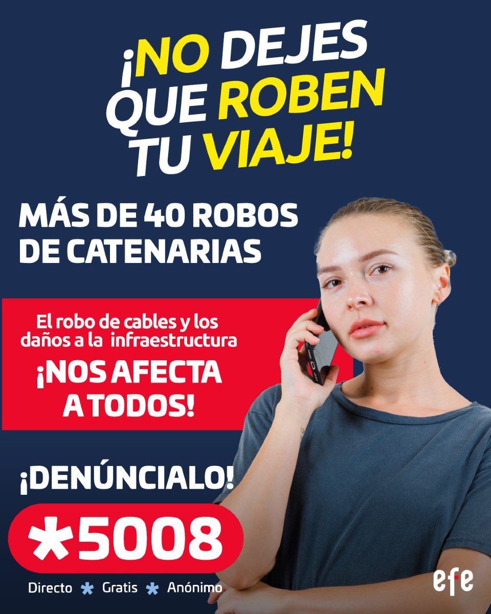 🚷 Los robos a la infraestructura ferroviaria interrumpen el viaje de muchos.
📞 Llama al *5008 para denunciar de forma anónima y segura.
Cuidemos juntos lo que nos conecta 💙