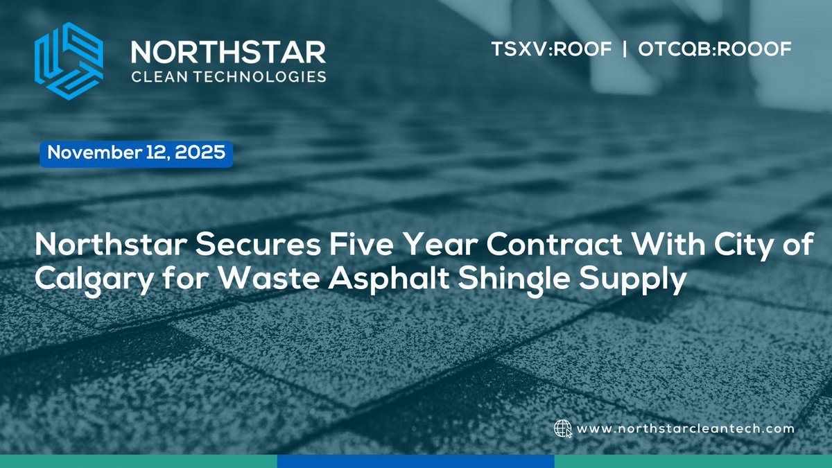 NStarCleanTech's tweet image. Northstar $ROOF.V | $ROOOF Secures Five Year Contract With City of Calgary for Waste Asphalt Shingle Supply

▶️ Full Release: hubs.li/Q03SQqWL0