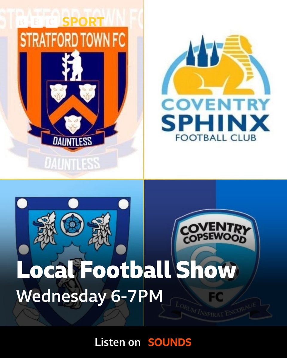 Local football tonight on BBC CWR ⚽

<a href="/StratfordTownFC/">Stratford Town FC</a> chairman Jed McCrory
<a href="/CoventrySphinx/">Coventry Sphinx FC</a> manager John Woodward
<a href="/RugbyTown_FC/">Rugby Town FC</a> manager <a href="/GrantJJoshua/">Grant J Joshua</a> 
<a href="/copsewoodFC/">Coventry Copsewood FC</a> joint managers Stuart Ryan &amp; Ryan Baldwin

Listen from 6PM ➡️bbc.in/3JPwKfd