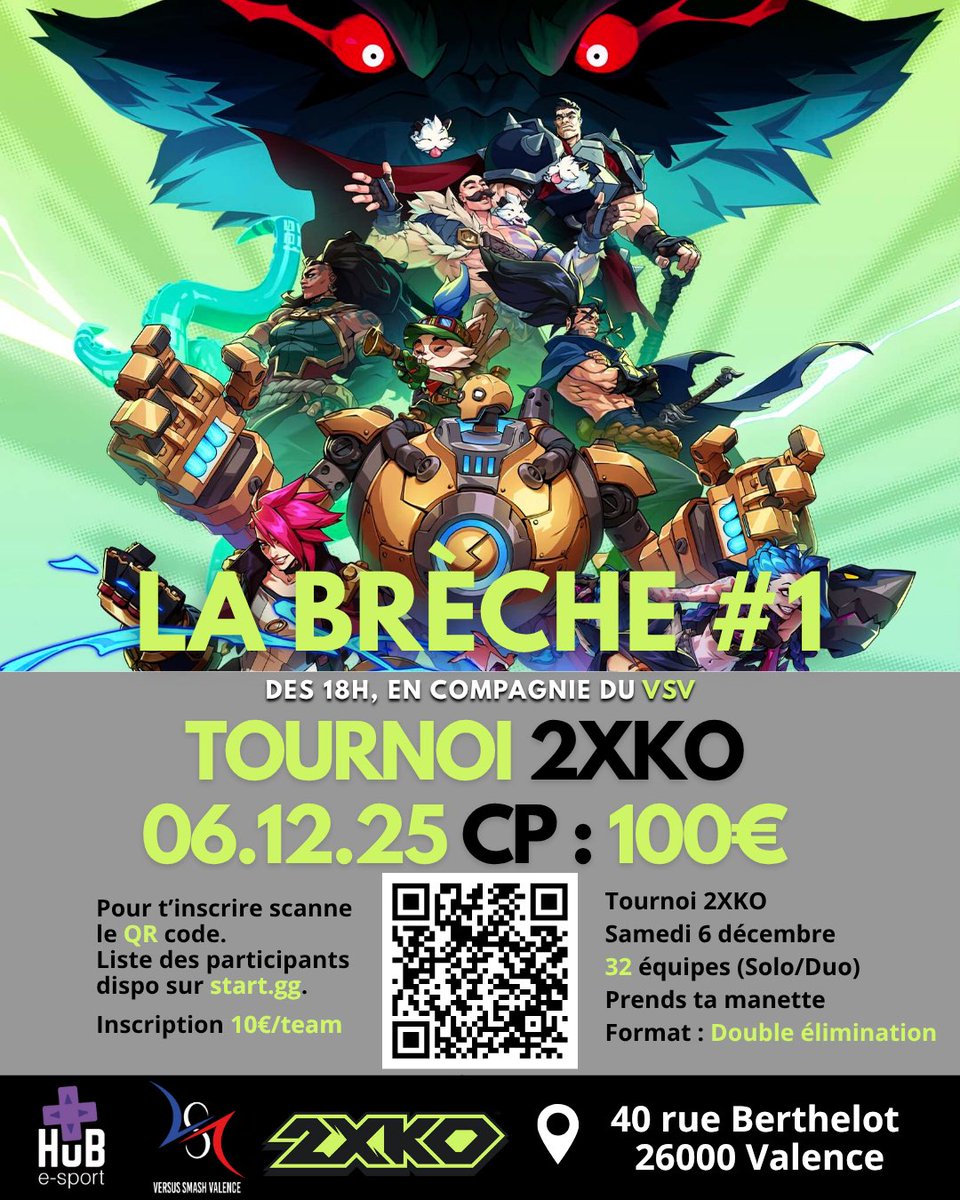 📢 Petit ajustement pour La Brèche !

Trop de tournois se chevauchent, le tournoi #2XKO initialement prévu le 29 novembre est repoussé au 6 décembre 🗓️

🎮 Toujours 32 équipes – 100 € de CP de base – le <a href="/VSV26K/">Versus Smash Valence</a> au <a href="/HuB_esport_FR/">Le HuB, ta salle eSport.</a> 🤝

👉Mêmes inscriptions : start.gg/tournament/la-…