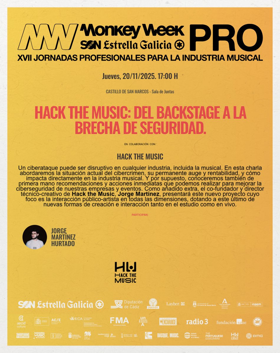 Monkeyweek's tweet photo. Un ciberataque es disruptivo también para la industria musical, nos lo contará Jorge Martínez Hurtado de Hack The Music el jueves a las 17h en el Castillo 🏰
Todo #MonkeyPRO 👇🏻
https://t.co/SYfMtJUgX0
🎫 Abonos PRO en Dice
🐒 Nos vemos del 20 al 22 en @ElPuerto https://t.co/H5ZqRpPDRY