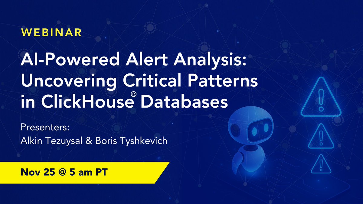 AltinityDB's tweet image. Your database throws thousands of alerts a day. Which ones matter? 😬

We&apos;re here to answer that. Join us on Nov. 25 to learn how #AI tools &amp;amp; #ClickHouse® can surface alerts that actually need your attention &amp;amp; automate root-cause detection.

🕔 5 am PT
🔗 hubs.la/Q03SNYyW0