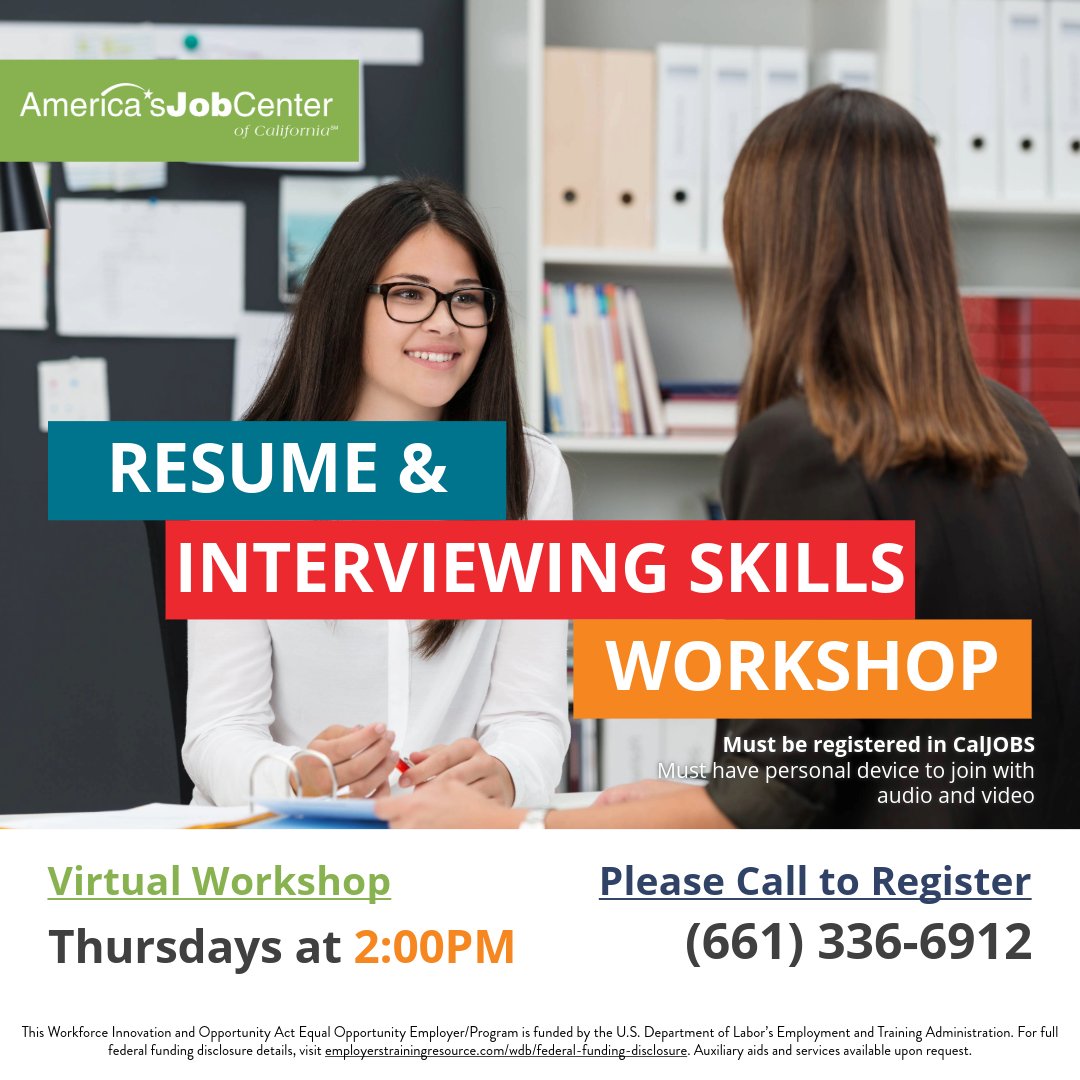AJCCKern's tweet image. Whether you&apos;re a job seeker or just want to brush up on your skills, this workshop will help you craft a winning resume and ace your next interview

🕑Thursdays at 2:00 PM (Virtual)

Register by calling (661) 336-6912
#resume #interviewskills #workshop #careerdevelopment