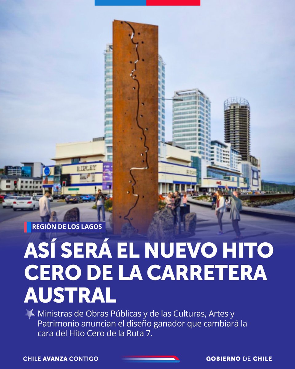 mop_chile's tweet photo. Un nuevo símbolo para el sur de Chile 🇨🇱

Las ministras de Obras Públicas y de las Culturas, las Artes y el Patrimonio anunciaron el diseño ganador del Hito Cero de la #Ruta7, punto que marcará el inicio de la Carretera Austral en Puerto Montt.
1/3 https://t.co/BavHIjVITR