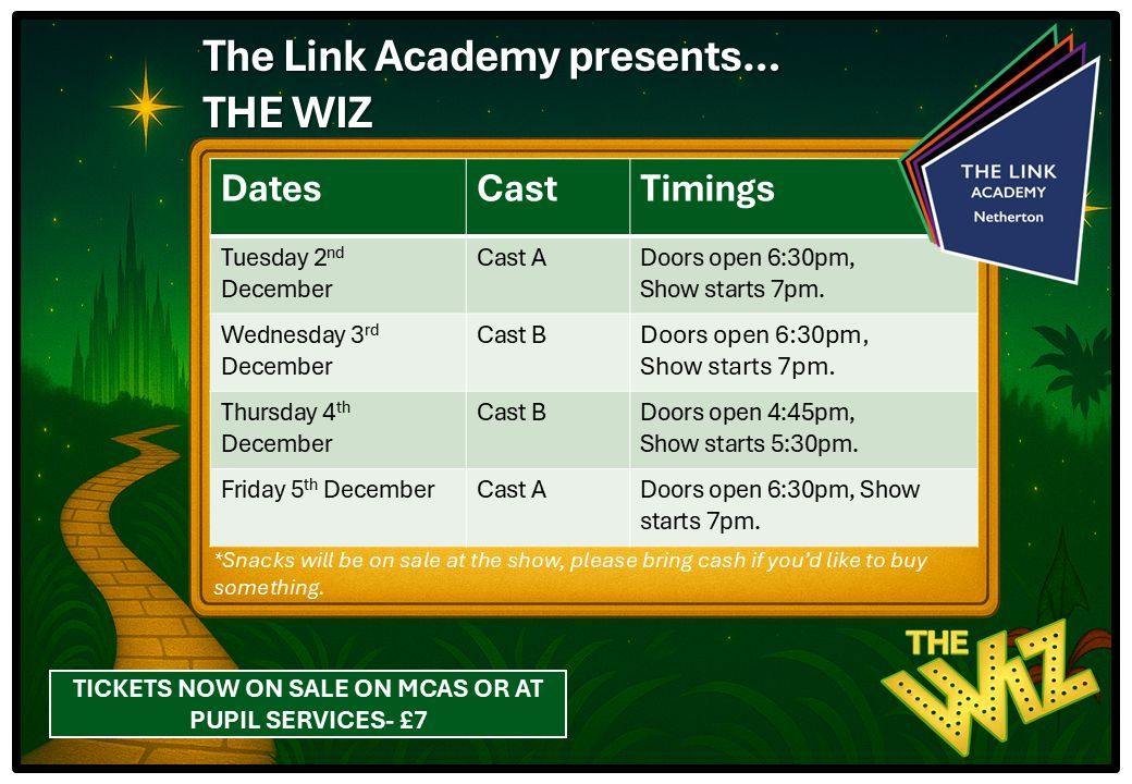 Tickets for our school production of The Wiz are now on sale, they can be brought on the MCAS site or cash sales through Pupil Services for £7! 🌈 Join us for a spectacular show filled with powerful singing, vibrant dancing, and plenty of magic along the Yellow Brick Road.