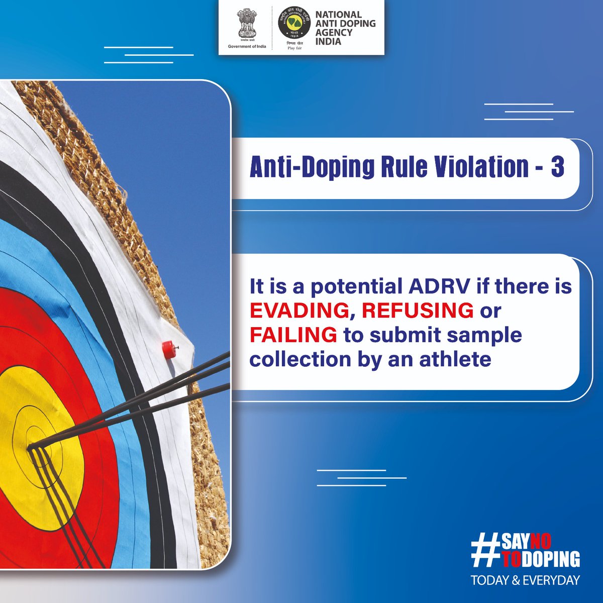 Avoid the Risk — Protect Your Sporting Career!
Refusing, evading, or failing to provide a sample for doping control is a serious Anti-Doping Rule Violation (ADRV).
Such actions can lead to suspension and harm your reputation as a clean athlete.
Always cooperate with the doping
