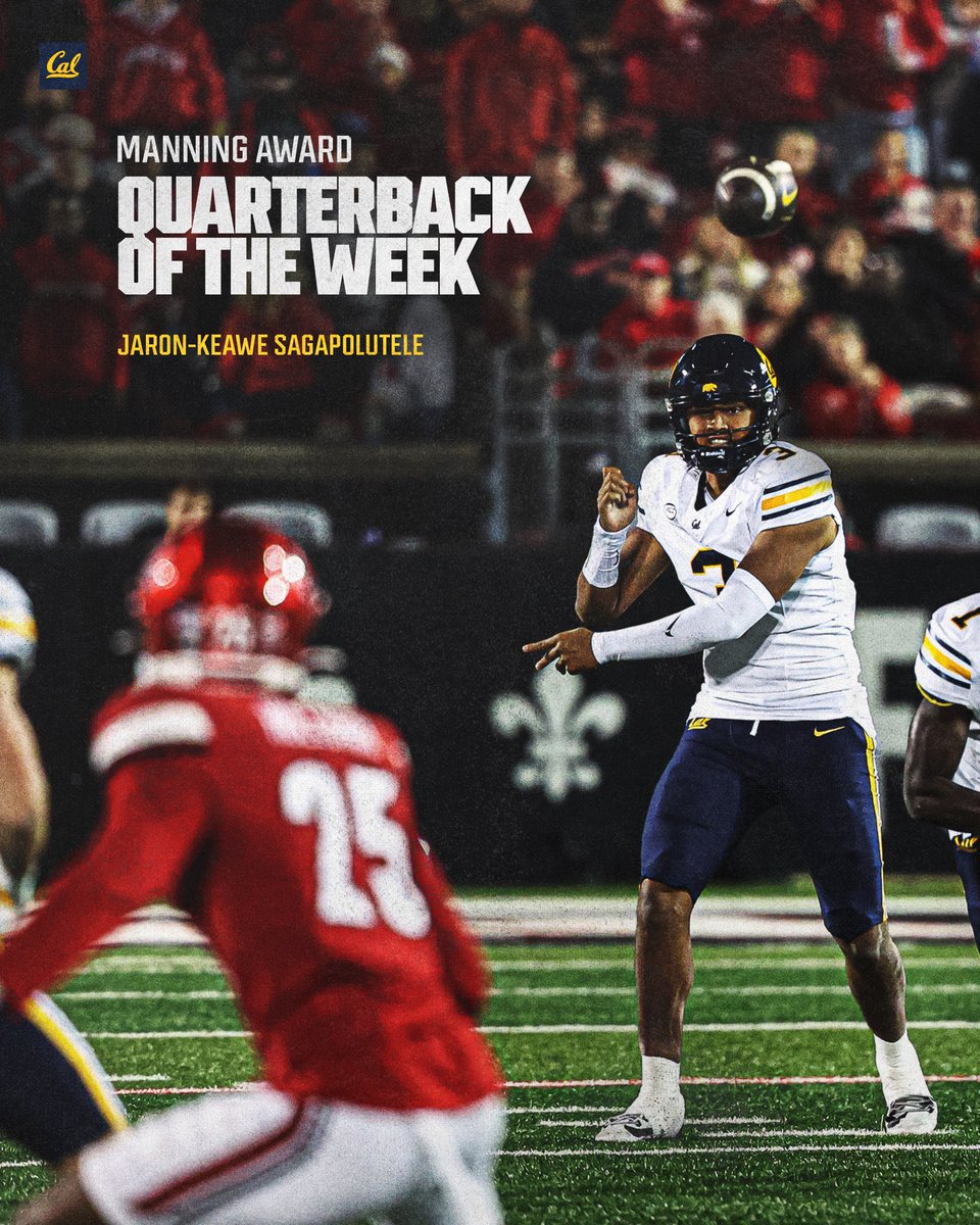CalFootball's tweet image. The #Calgorithm strikes again…

@JaronKeawe has been voted as the Manning Award QB of the Week!

#SmartAndTough #GoBears