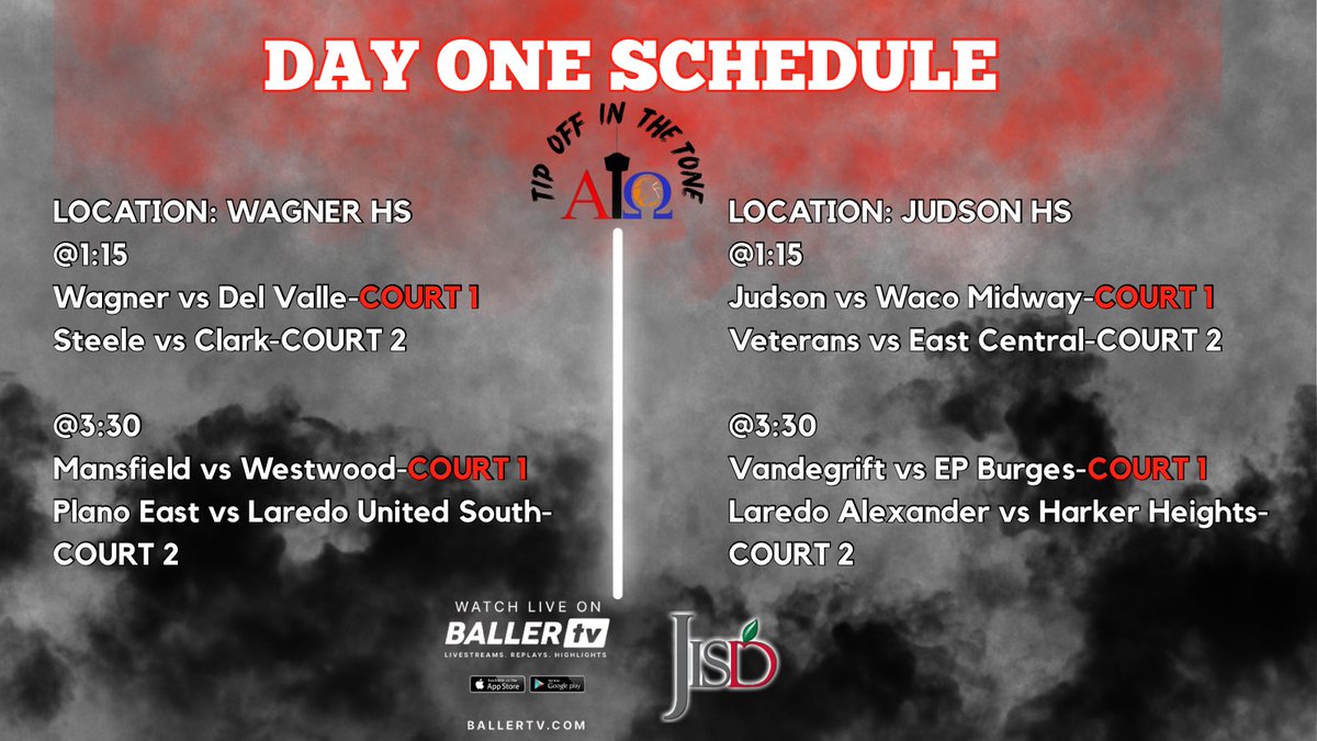 Tomorrow is the big day! 
Check out the Day 1 Schedule as we 
Tip Off In The Tone!
<a href="/JISD_ATHLETICS/">Judson ISD Athletics</a>