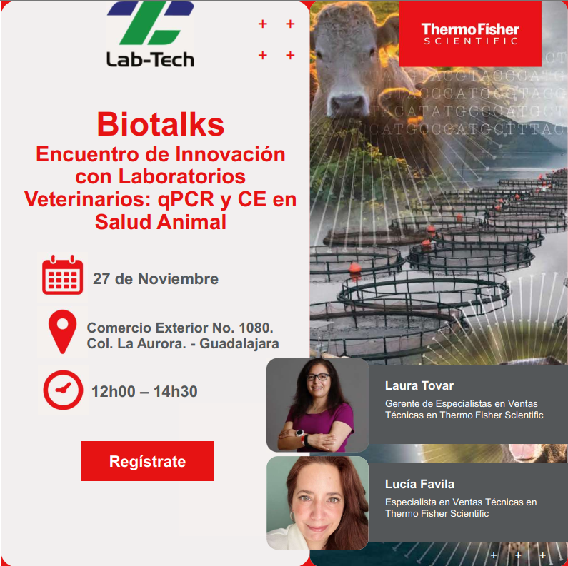 LabTechMexico's tweet image. Thermo Fisher Scientific y Lab-Tech te invita a el Encuentro de Innovación con Laboratorios Veterinarios: qPCR y CE en Salud Animal.

📅 Fecha: 27 de noviembre
🕛 Hora: 12:00 h – 14:30 h
📍 Lugar: Unidad Lab-Tech, Guadalajara

👉 Regístrate en forms.office.com/r/TYVdgRPcH6
