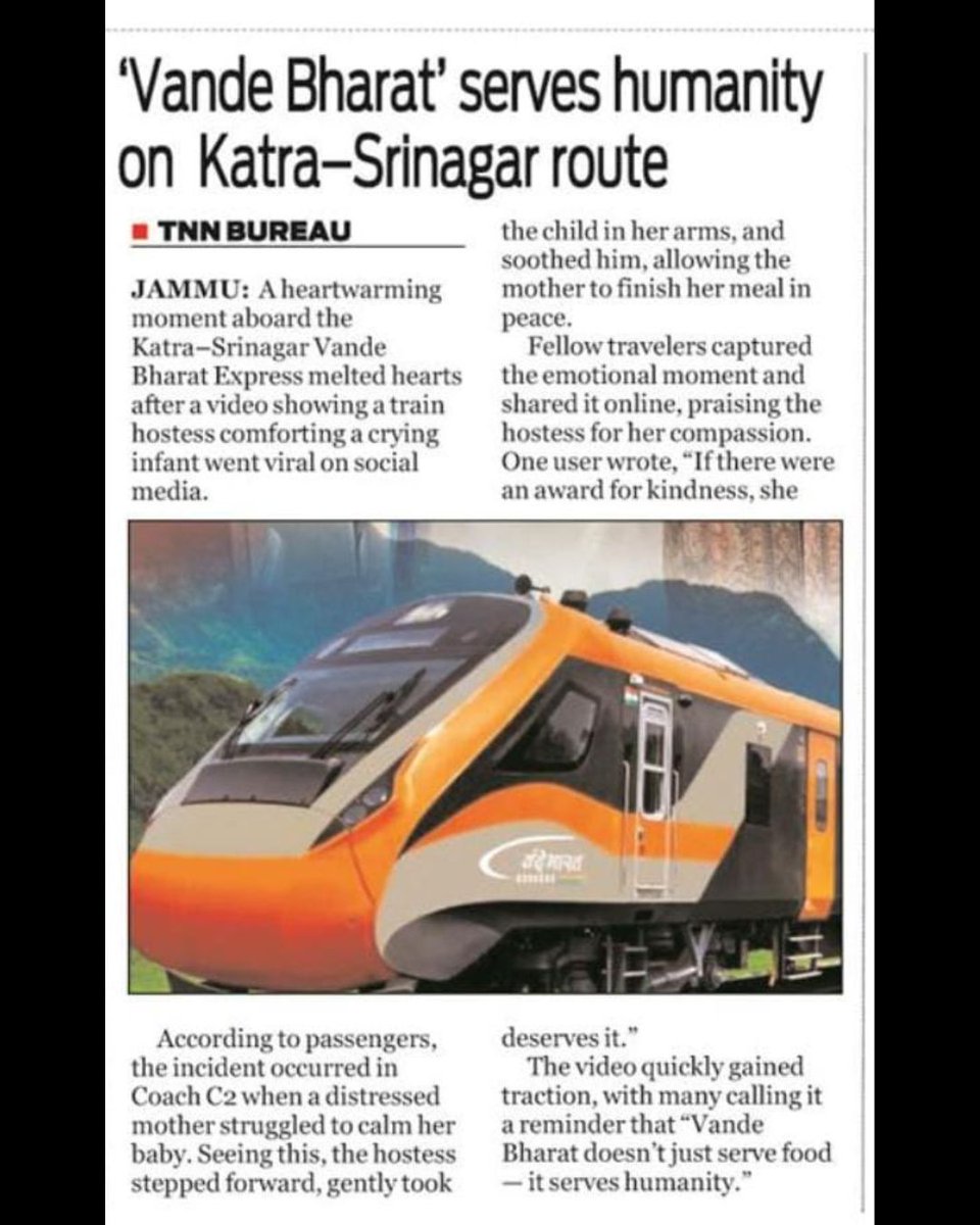 IRCTCofficial's tweet image. A heartwarming moment shared by one of our passengers captured a touching scene — a compassionate hostess comforting a crying child during the Katra–Srinagar journey by Vande Bharat. Her gentle gesture brought smiles to everyone around and reflected the true spirit of IRCTC’s…