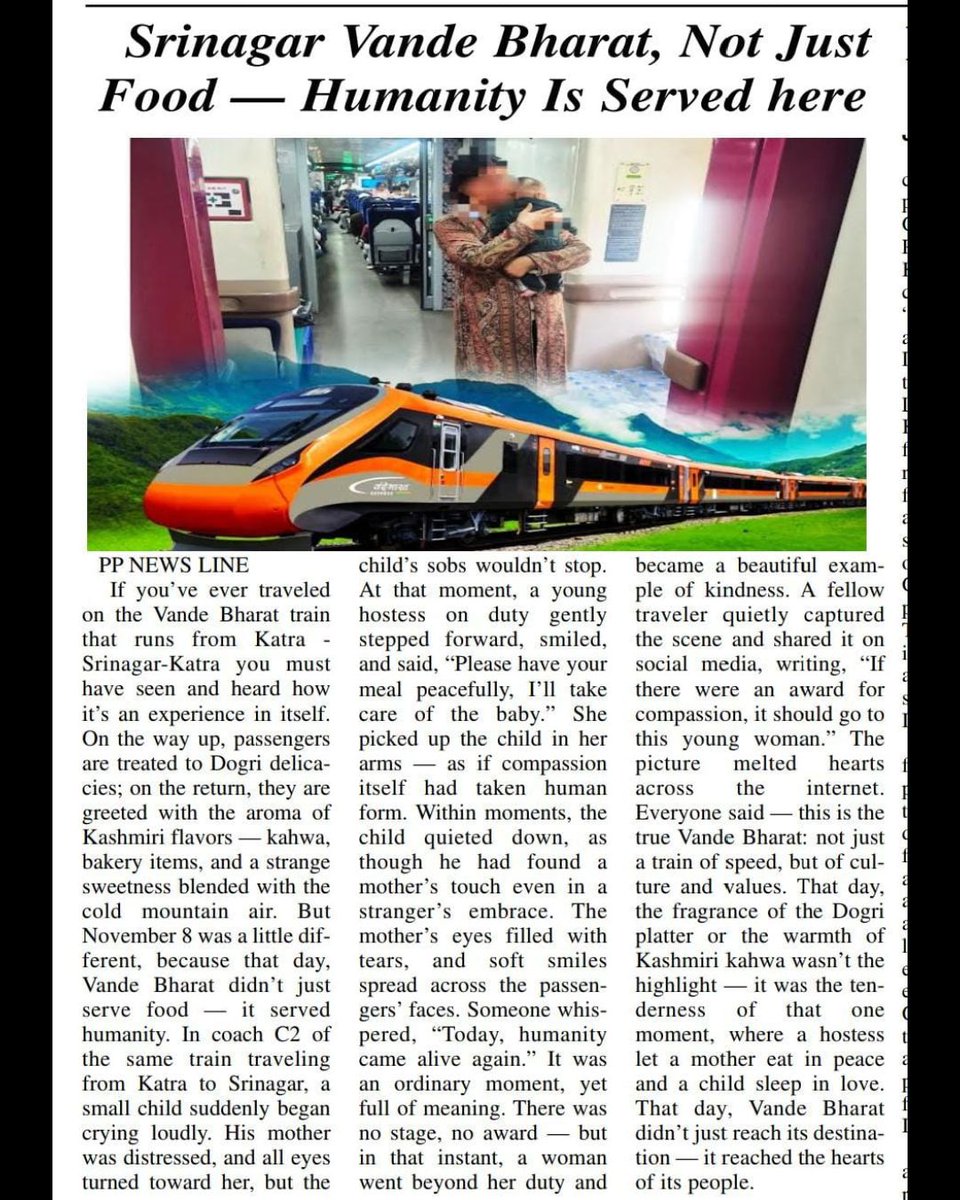 IRCTCofficial's tweet image. A heartwarming moment shared by one of our passengers captured a touching scene — a compassionate hostess comforting a crying child during the Katra–Srinagar journey by Vande Bharat. Her gentle gesture brought smiles to everyone around and reflected the true spirit of IRCTC’s…