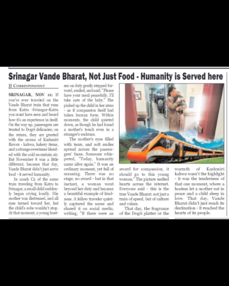 IRCTCofficial's tweet image. A heartwarming moment shared by one of our passengers captured a touching scene — a compassionate hostess comforting a crying child during the Katra–Srinagar journey by Vande Bharat. Her gentle gesture brought smiles to everyone around and reflected the true spirit of IRCTC’s…