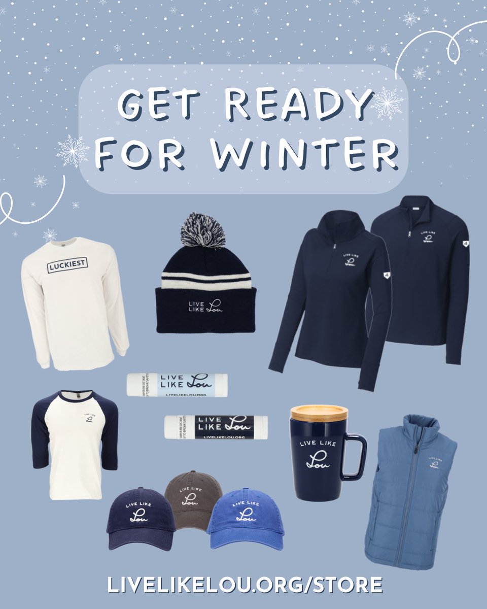 Get ready for winter with Live Like Lou must-haves 💙 From our signature beanie to the cozy vest and ceramic mug, you’ll stay warm while fueling our mission to support ALS families. ☕️

 Shop now → livelikelou.org/store 🛍️