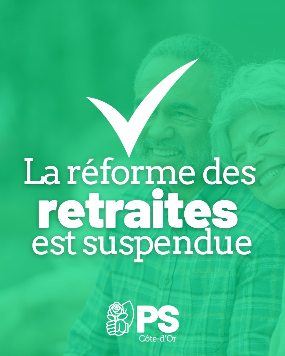 ✅ C’est fait ! La réforme des retraites est suspendue ! 

Grâce à la volonté de compromis des socialistes, cela est désormais réel et concret pour plus de 500.000 français qui partiront plus tôt à la retraite dans l’attente d’une réforme plus juste.

#Retraites