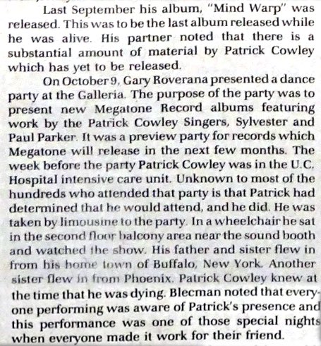 darkentriesrecs's tweet image. Remembering Patrick Cowley (October 19, 1950 - November 12, 1982) who passed away 43 years ago today. We continue to honor his legacy and preserve his contributions that forever changed the world of electronic dance music. 
Here’s a tribute from The Voice (San Francisco)…