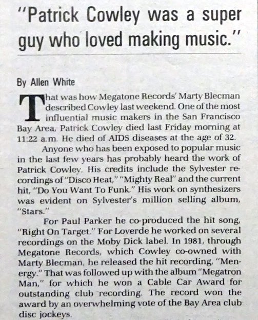 darkentriesrecs's tweet image. Remembering Patrick Cowley (October 19, 1950 - November 12, 1982) who passed away 43 years ago today. We continue to honor his legacy and preserve his contributions that forever changed the world of electronic dance music. 
Here’s a tribute from The Voice (San Francisco)…