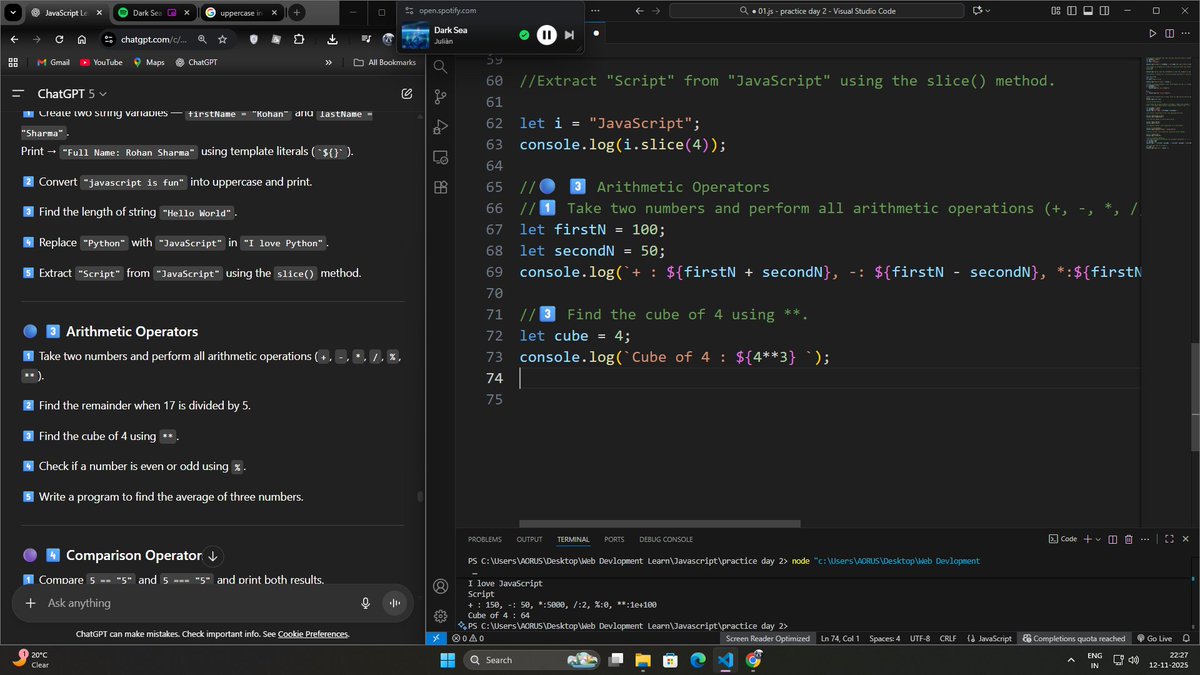 VionicGaming's tweet image. 💻 Day 6 of #100DaysOfCode

💪 Today I practiced more JavaScript questions with the help of my best friend &amp;amp; teacher — ChatGPT 🤝📘 Topics covered:
Variables &amp;amp; Data Types
String Practice
Arithmetic Operators💡 Practice makes progress! More learning tomorrow. 🚀#100DaysOfCode