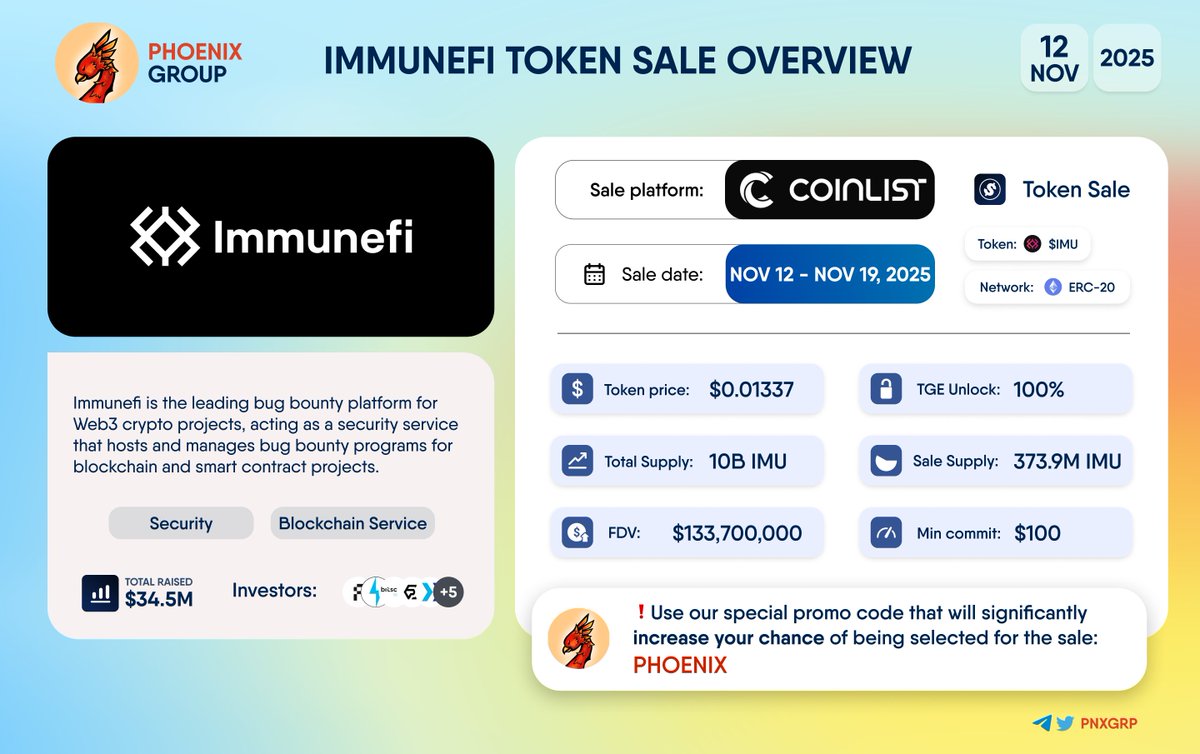 🔥 @Immunefi is conducting its token sale on @CoinList ❗️EXCLUSIVE FOR  PHOENIX SUBSCRIBERS❗️ CoinList team has provided a special promo code that  will significantly increase your chance of being selected for the