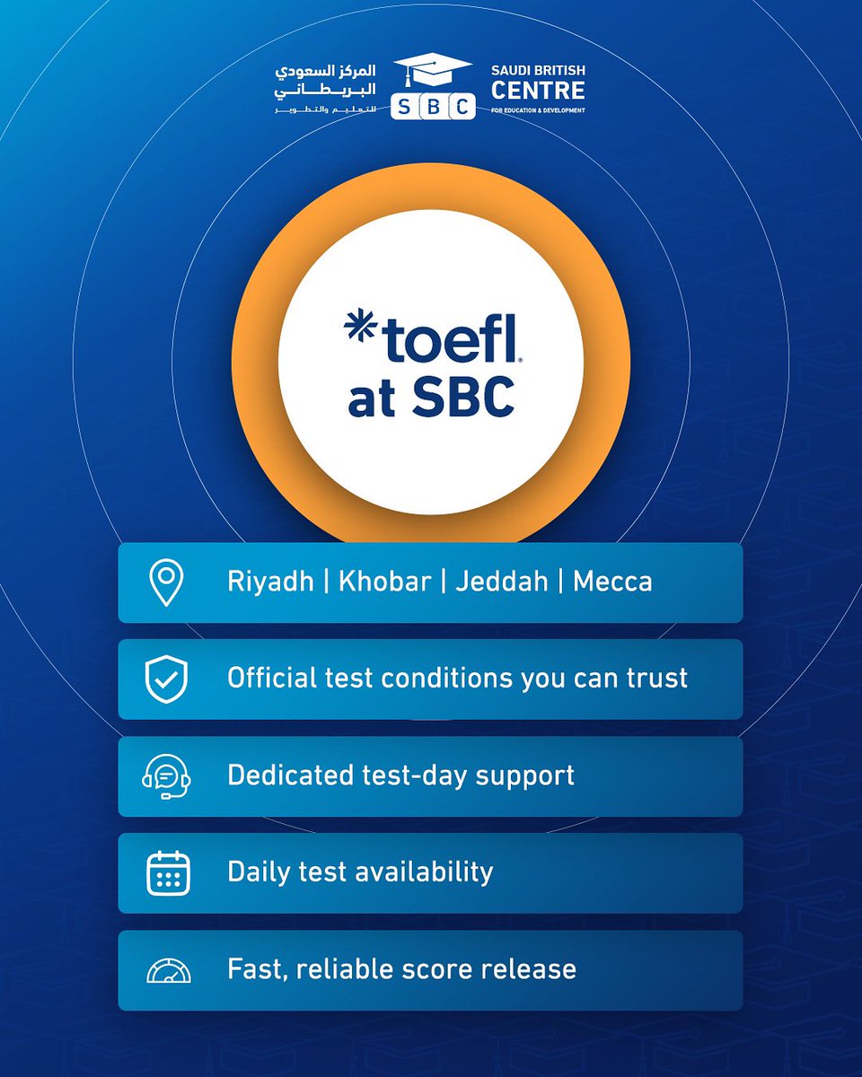 Your #TOEFL journey starts at SBC 💙
✅ Official testing conditions
🗓️ Daily test availability
💬Test day support 
⚡ Fast and reliable score release 
📍 Riyadh | Khobar | Jeddah | Mecca