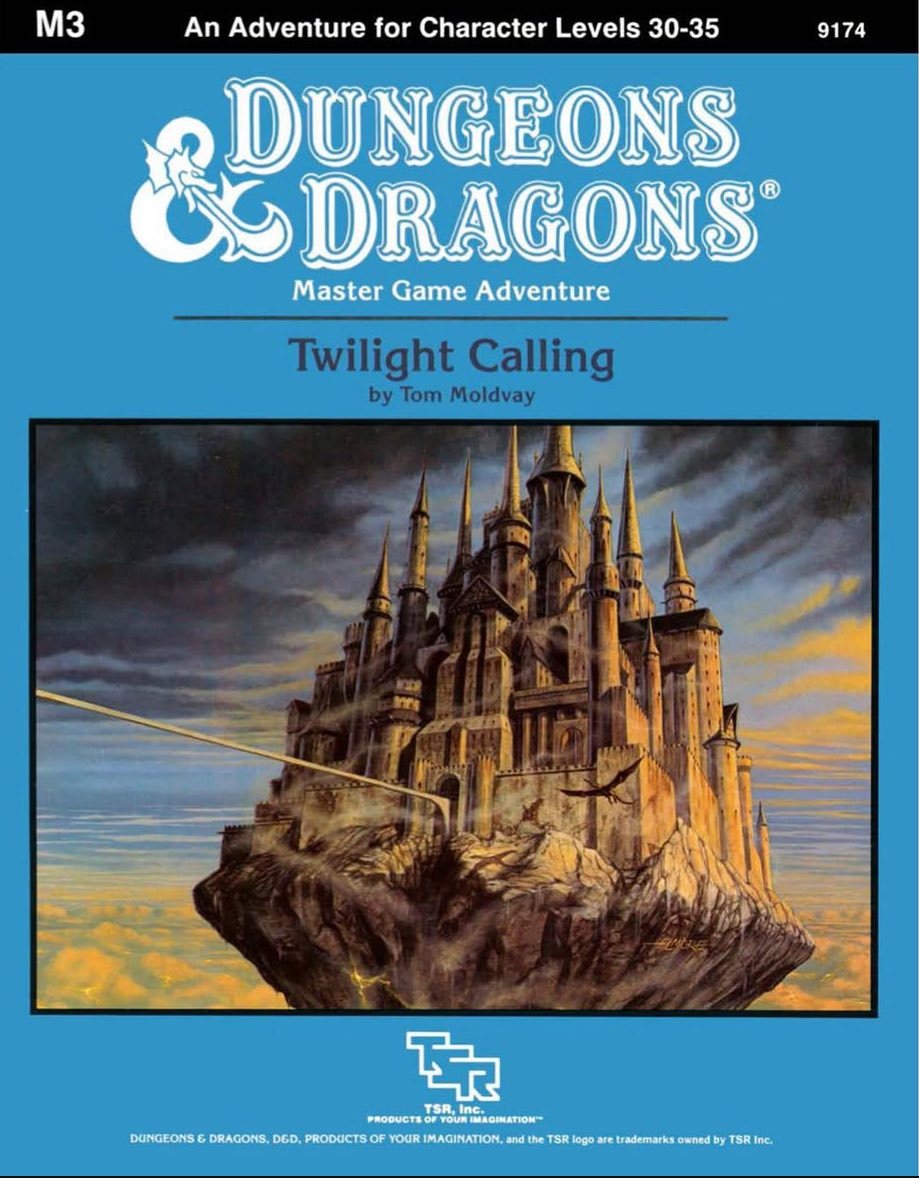 BugbearBrothers's tweet photo. M3, Twilight Calling from TSR, 1986 for the D&D Master Set rules. The module was designed by Tom Moldvay with additional design, development and editing by Bruce Heard, Karen Martin, Rick Swan, Jennell Jaquays, Kevin Stein and Robin Jenkins, with cover art by Ben Otero, and interior art by Larry Elmore and cartography by Diane & Dave Sutherland, Gloria Szopinski and Rob Peacock. 

The characters must undertake a mission into the plane of nightmares, and to cross seven perilous pocket universes to reach Carnifex Castle.
The dark immortal Alphaks continues to gain power and influence for the Sphere of Entropy by tricking the player characters into releasing the ancient evil race of the Carnifex upon the world. They must find seven keys hidden in seven pocket universes to open a final gate to the Pit of Banishment. There the party must fight the Carnifex and prevent the invasion!