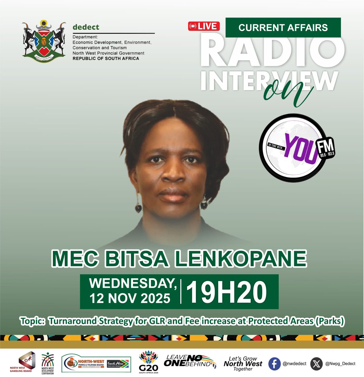 Radio Interview🎙Tune in to You FM today, 12 November 2025 at 19h20 for an exclusive interview with MEC Bitsa Lenkopane. Discussions will focus on the turnaround strategy for Golden Leopard Resorts and fee increases at Protected areas (Parks)#LetsGrowNorthWestTogether #NWPGRadio