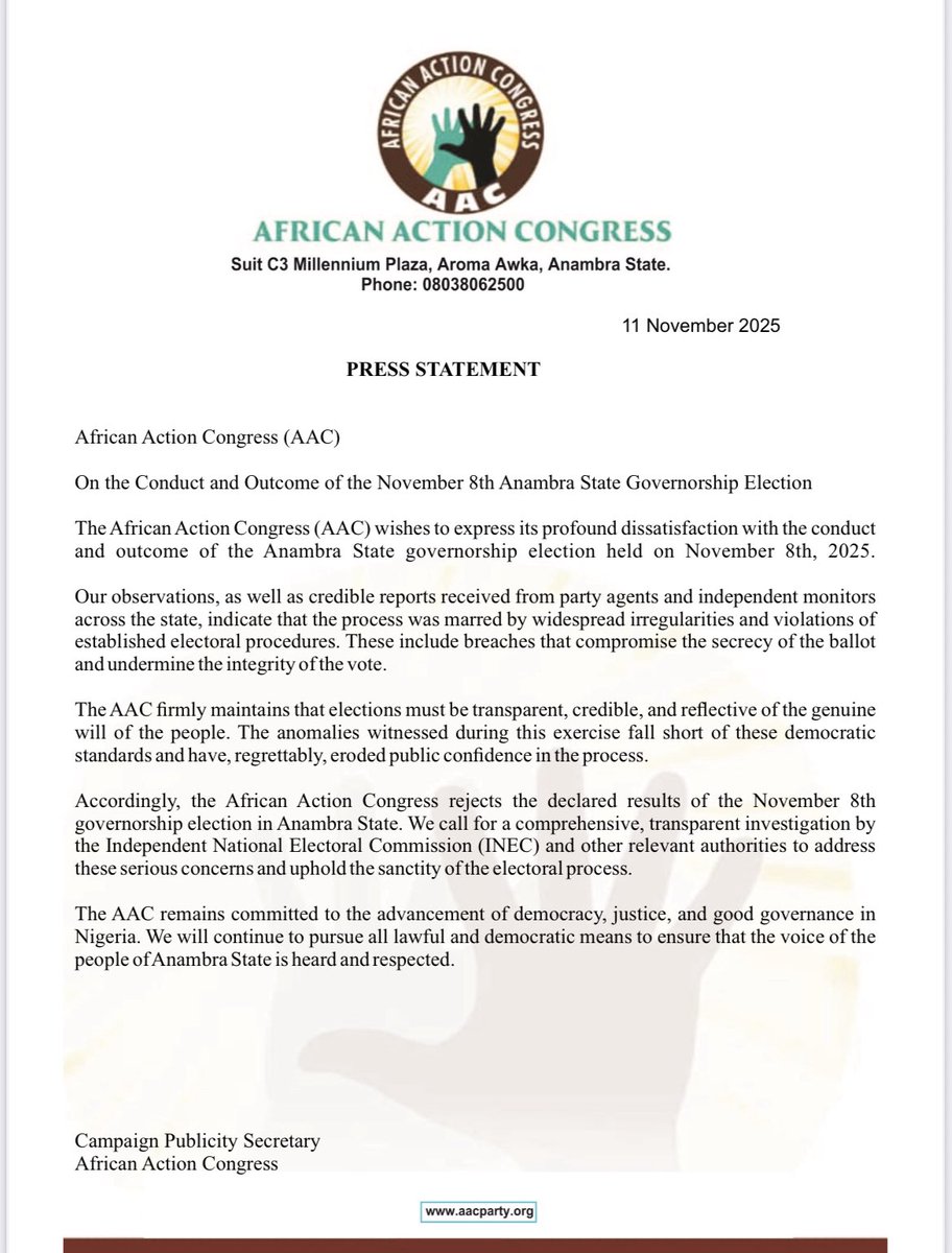 PRESS STATEMENT on the conduct and outcome of the November 8th Anambra state Election.👇🏾