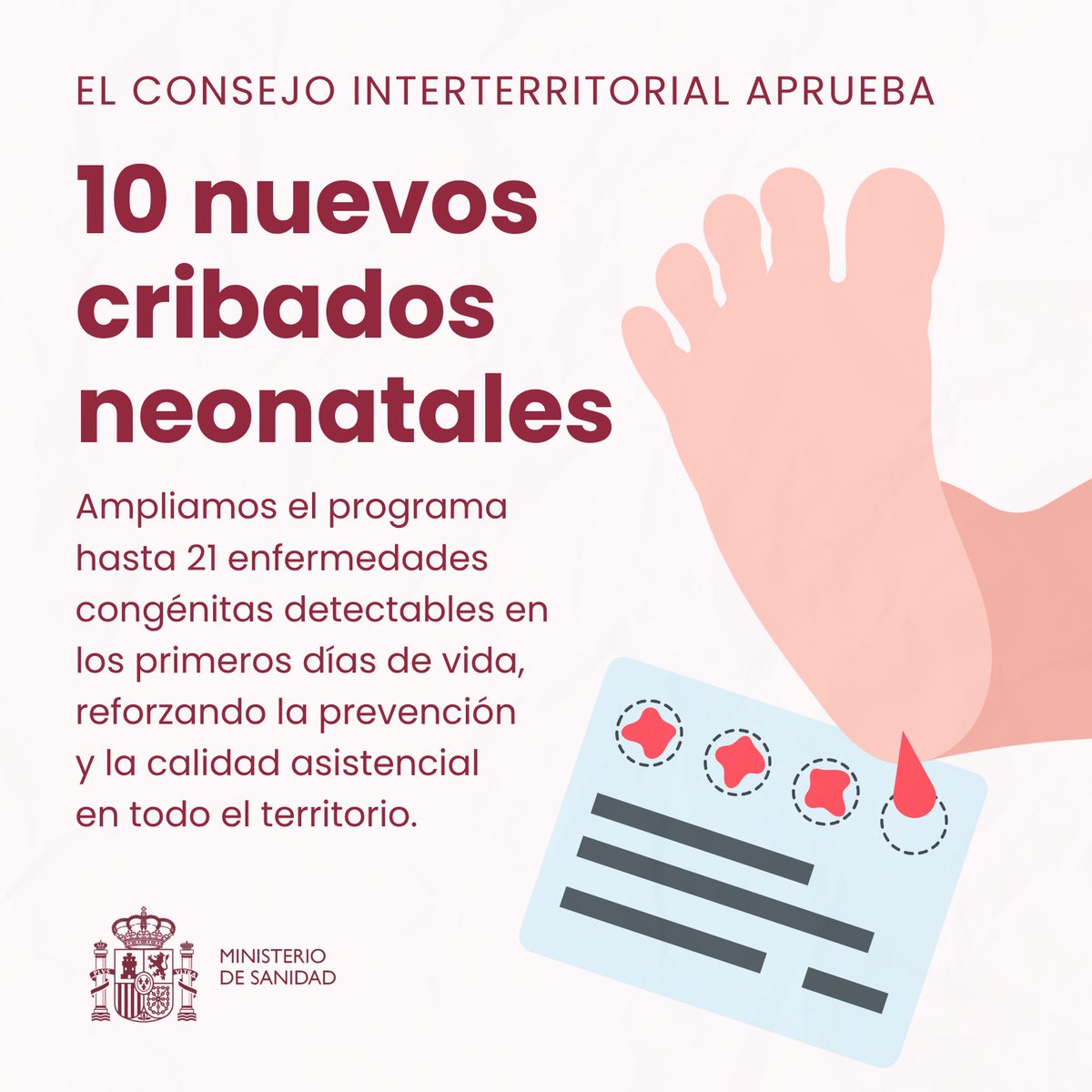 🔴 Aprobamos la inclusión de 10 nuevos cribados neonatales para enfermedades endocrino metabólicas.

El Consejo Interterritorial ha acordado la tramitación que actualiza y concreta prestaciones de la cartera común, mejorando la equidad en el acceso y la calidad asistencial.