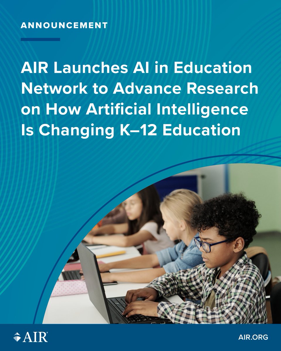 AIRInforms's tweet image. AIR is launching the AI in Education Network, a research initiative to study and inform how artificial intelligence is shaping K–12 education. Six studies will generate evidence on how AI is being used and its potential benefits. Learn more: bit.ly/4oLHj2f