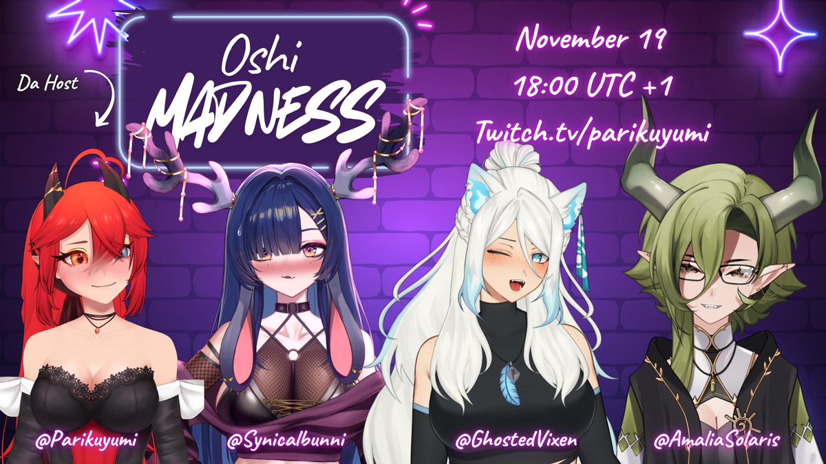 📢 HUGE ANNOUNCEMENT 📢

I am hosting a Quiz Show called "OSHI MADNESS"!!! 

 <a href="/synicalbeanical/">Synical🐇🥮PARTNER PUSHING ON TWITCH</a>, <a href="/GhostedVixen/">Vixxy 👻🦊 | Ghost Vtuber</a> and <a href="/AmaliaSolaris/">Amalia Solaris 🐲🌿【kisaキサ】</a> will be competing against each other to test their VTuber knowledge! The questions will consist of trivia from Indie to Corporate Vtubers and maybe